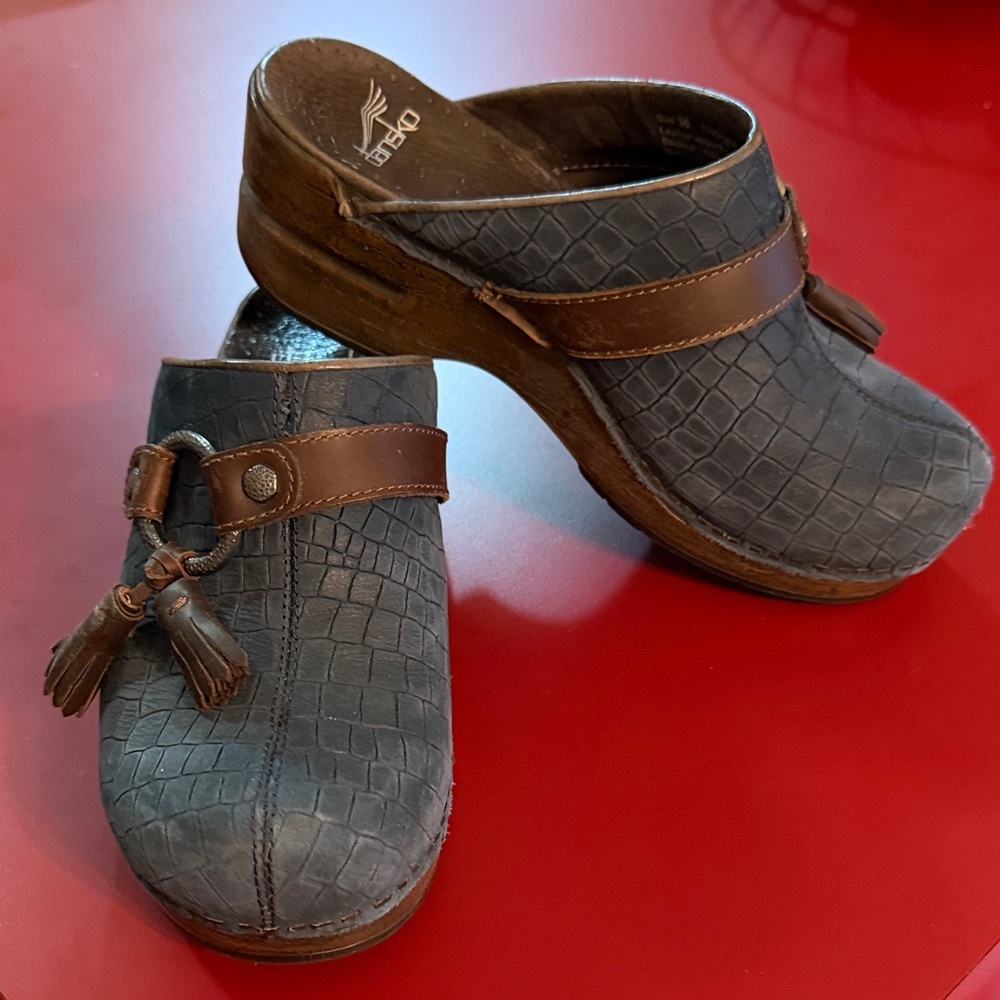 Dansko Textured Blue and Brown clogs